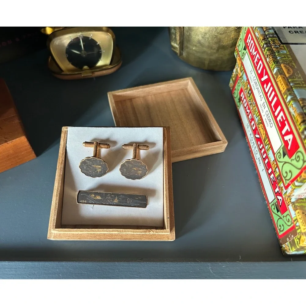 VTG Damascene 24K Gold Inlay Cufflinks and Tie Bar Set Japanese Landscape Box